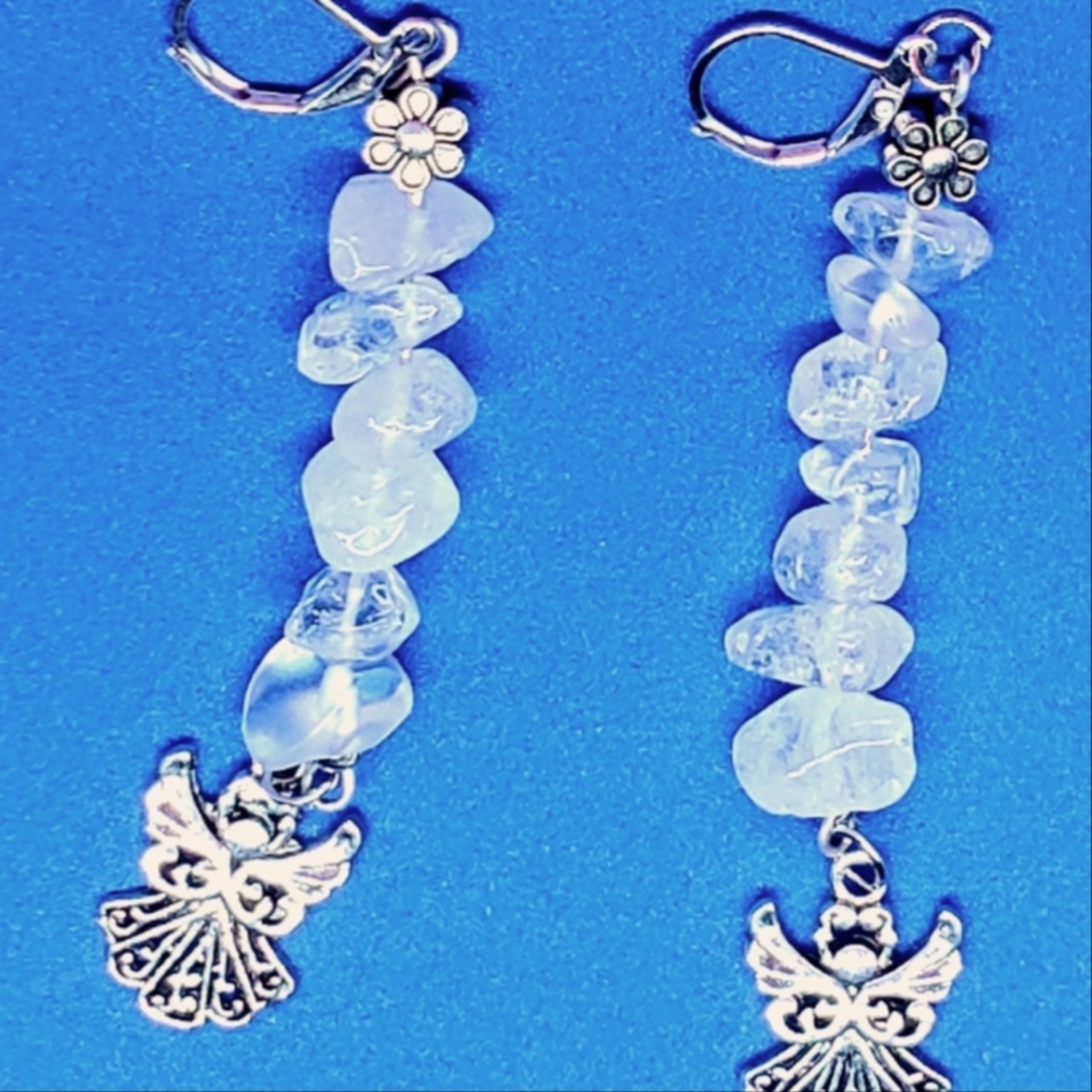 Clear Quartz Silver 😇 Angel Charm Dangle Earrings